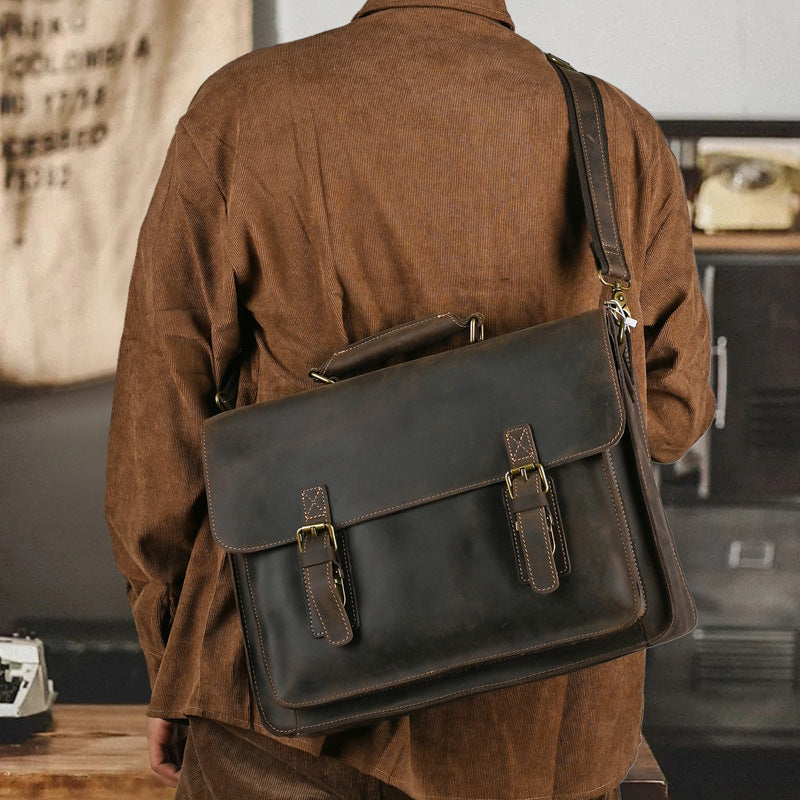 Top Layer Leather One-shoulder Crossbody Laptop Bag