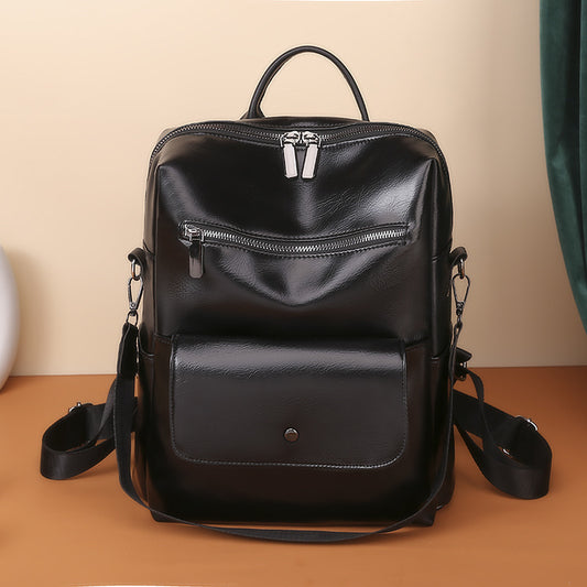 Vintage Soft Leather Solid Color Large Capacity Backpack